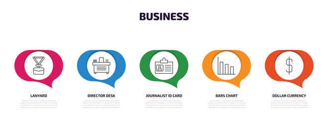 Wall Mural - business infographic element with outline icons and 5 step or option. business icons such as lanyard, director desk, journalist id card, bars chart, dollar currency vector.