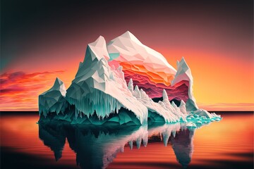  a painting of an iceberg in the water with a sunset in the background and a red sky in the background with clouds and a few oranges.  generative ai