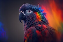  A Colorful Parrot Is Standing In Front Of A Black Background With A Rainbow Colored Background And A Black Background With A Red, Yellow, Blue, Green, And Red, And Orange Parrot.  Generative Ai