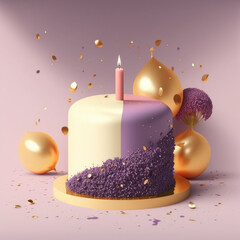 Wall Mural - birthday themed minimalist cream and purple cake with pink candle on golden platter surrounded by balloons and confetti on purple background generative ai