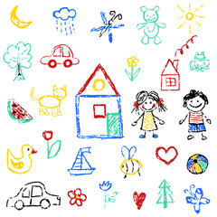 children drawings. elements for the design of postcards, backgrounds, packaging. drawing with wax cr