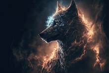  A Wolf With A Glowing Face In The Dark With A Fire And Ice Background And A Black Background With A Blue Light Coming From Its Eyes.  Generative Ai