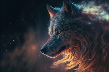  a wolf with a glowing face and a black background with stars and dusts, with a glowing orange and blue background with a black and yellow wolf.  generative ai