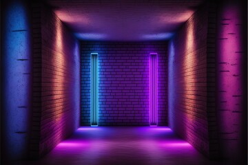 Wall Mural - Empty brick walls, colorful neon light. AI