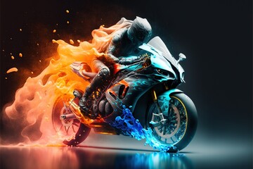  a motorcycle with a rider on it is on fire and blue flames are surrounding it and the bike is on a reflective surface with a black background.  generative ai