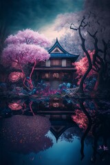 Ancient Japanese house by the river digital art