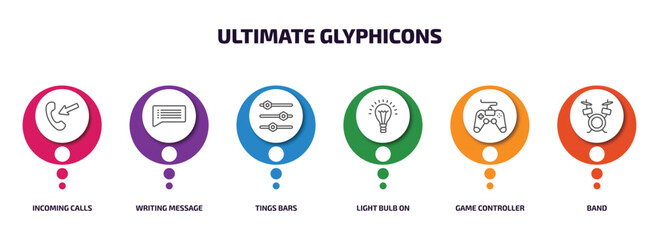 Poster - ultimate glyphicons infographic element with outline icons and 6 step or option. ultimate glyphicons icons such as incoming calls, writing message, tings bars, light bulb on, game controller cross,