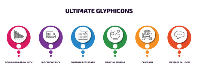 Poster - ultimate glyphicons infographic element with outline icons and 6 step or option. ultimate glyphicons icons such as download arrow with bar, big cargo truck, computer keyboard, medicine mortar, car