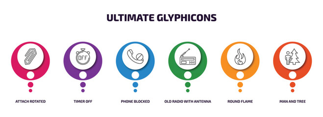 Poster - ultimate glyphicons infographic element with outline icons and 6 step or option. ultimate glyphicons icons such as attach rotated, timer off, phone blocked, old radio with antenna, round flame, man