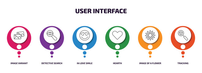 Poster - user interface infographic element with outline icons and 6 step or option. user interface icons such as image variant, detective search, in love smile, hearth, image of a flower, tracking vector.