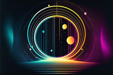 neon rainbow vector portal to outer space with moons stars planets and dark background, generative a