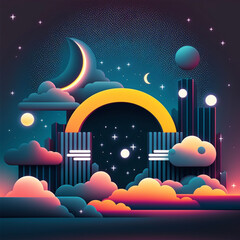 Wall Mural - neon rainbow vector portal to outer space with moons stars planets and dark background, generative a