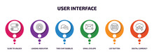 User Interface Infographic Element With Outline Icons And 6 Step Or Option. User Interface Icons Such As Slide To Unlock, Loading Indicator, Two Chat Bubbles, Email Evelope, List Button, Digital