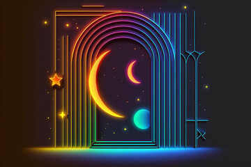Wall Mural - neon rainbow vector portal to outer space with moons stars planets and dark background, generative a