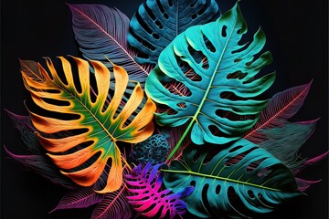 Wall Mural - Multicolored tropical leaves, multicolored bright neon light, exotic and tropical leaves. AI