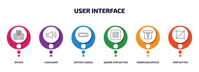 Poster - user interface infographic element with outline icons and 6 step or option. user interface icons such as offices, loud audio, battery loaded, square stop button, download archive, crop button