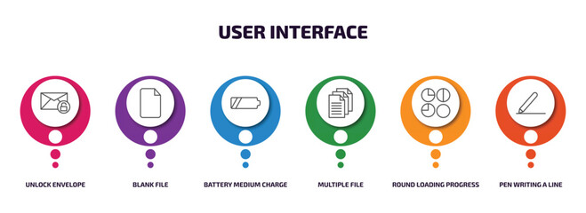 Poster - user interface infographic element with outline icons and 6 step or option. user interface icons such as unlock envelope, blank file, battery medium charge, multiple file, round loading progress,
