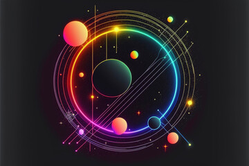 Wall Mural - neon rainbow vector portal to outer space with moons stars planets and dark background, generative a