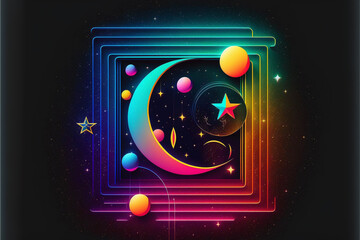 Wall Mural - neon rainbow vector portal to outer space with moons stars planets and dark background, generative a