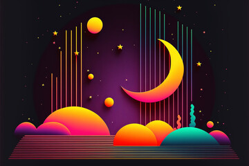 Wall Mural - neon rainbow vector portal to outer space with moons stars planets and dark background, generative a