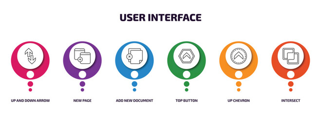 Poster - user interface infographic element with outline icons and 6 step or option. user interface icons such as up and down arrow, new page, add new document, top button, up chevron, intersect vector.