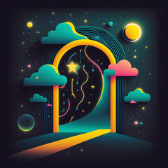Wall Mural - neon rainbow vector portal to outer space with moons stars planets and dark background, generative a