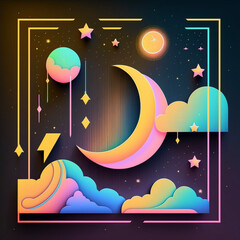 Wall Mural - neon rainbow vector portal to outer space with moons stars planets and dark background, generative a