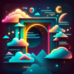 Wall Mural - neon rainbow vector portal to outer space with moons stars planets and dark background, generative a