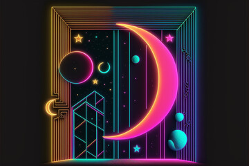 Wall Mural - neon rainbow vector portal to outer space with moons stars planets and dark background, generative a