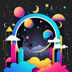 Wall Mural - neon rainbow vector portal to outer space with moons stars planets and dark background, generative a