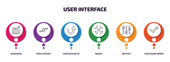 Poster - user interface infographic element with outline icons and 6 step or option. user interface icons such as increasing, move content, semicircular up arrow, reduce, box plot, check mark arrow vector.