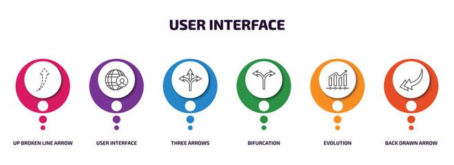 Poster - user interface infographic element with outline icons and 6 step or option. user interface icons such as up broken line arrow, user interface, three arrows, bifurcation, evolution, back drawn arrow