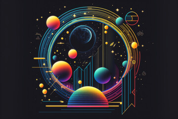 Wall Mural - neon rainbow vector portal to outer space with moons stars planets and dark background, generative a