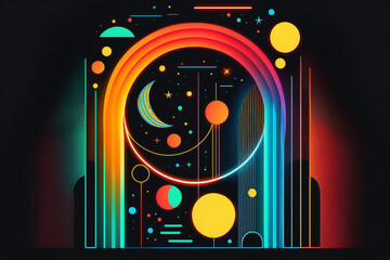 Wall Mural - neon rainbow vector portal to outer space with moons stars planets and dark background, generative a