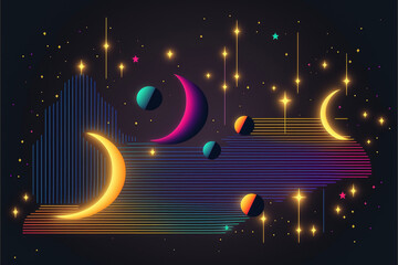 Wall Mural - neon rainbow vector portal to outer space with moons stars planets and dark background, generative a