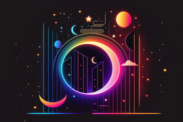 Wall Mural - neon rainbow vector portal to outer space with moons stars planets and dark background, generative a