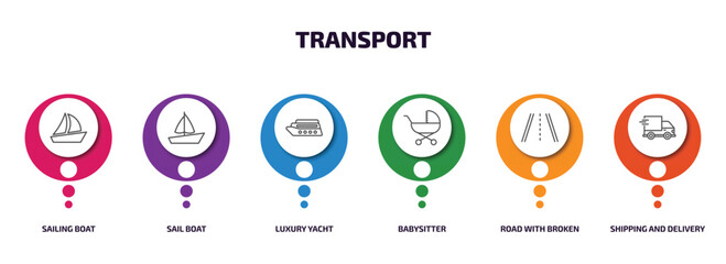 Poster - transport infographic element with outline icons and 6 step or option. transport icons such as sailing boat, sail boat, luxury yacht, babysitter, road with broken lines, shipping and delivery