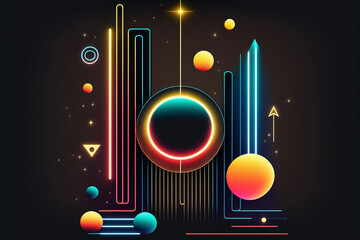 Wall Mural - neon rainbow vector portal to outer space with moons stars planets and dark background, generative a