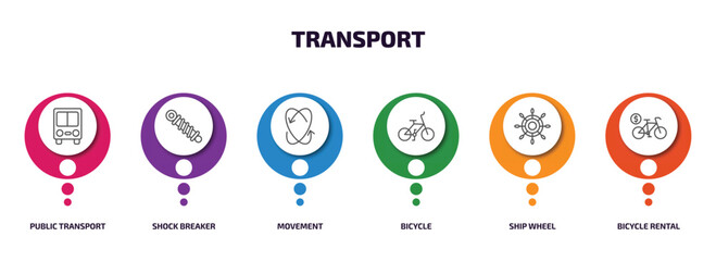 Poster - transport infographic element with outline icons and 6 step or option. transport icons such as public transport, shock breaker, movement, bicycle, ship wheel, bicycle rental vector.