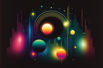 neon rainbow vector portal to outer space with moons stars planets and dark background, generative a