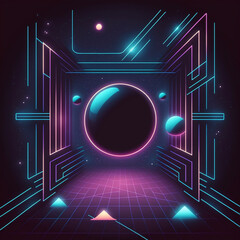 Wall Mural - neon rainbow vector portal to outer space with moons stars planets and dark background, generative a