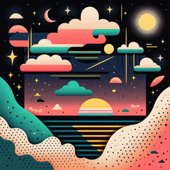 Wall Mural - neon rainbow vector portal to outer space with moons stars planets and dark background, generative a