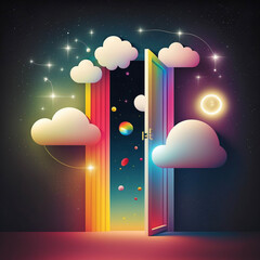 Wall Mural - neon rainbow vector portal to outer space with moons stars planets and dark background, generative a
