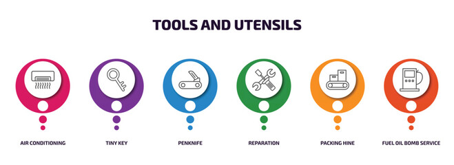 Poster - tools and utensils infographic element with outline icons and 6 step or option. tools and utensils i