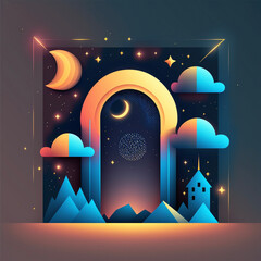 Wall Mural - neon rainbow vector portal to outer space with moons stars planets and dark background, generative a