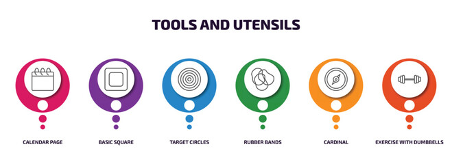 Poster - tools and utensils infographic element with outline icons and 6 step or option. tools and utensils icons such as calendar page, basic square, target circles, rubber bands, cardinal, exercise with