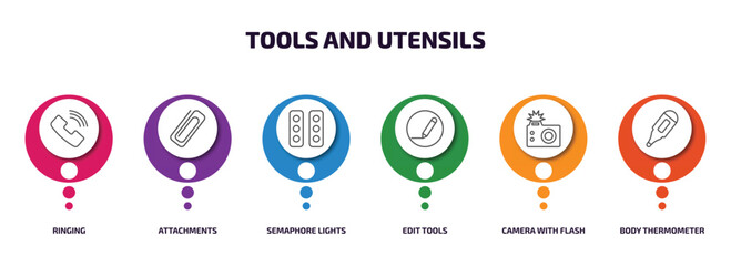 Aufkleber - tools and utensils infographic element with outline icons and 6 step or option. tools and utensils icons such as ringing, attachments, semaphore lights, edit tools, camera with flash, body