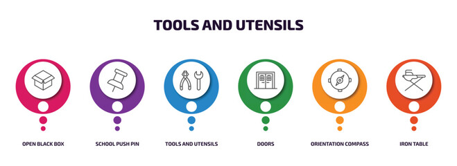 Poster - tools and utensils infographic element with outline icons and 6 step or option. tools and utensils i
