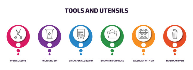 Poster - tools and utensils infographic element with outline icons and 6 step or option. tools and utensils icons such as open scissors, recycling bin, daily specials board, bag with big handle, calendar