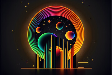 Wall Mural - neon rainbow vector portal to outer space with moons stars planets and dark background, generative a
